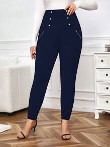 SHEIN Privé Plus Size Women'S Slim Fit Pants - Navy Blue - View 3