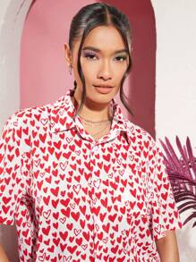 Manfinity Unisex Camisa Casual Tejida Estampada Con Corazones Para Hombre