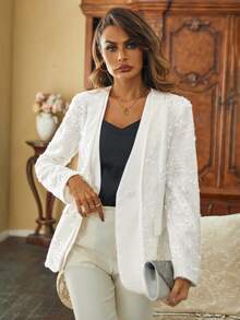 SHEIN Privé Women'S Sparkly Long Sleeve Blazer Jacket - White - View 4
