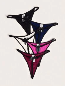 5pcs Bowknot Decorated Lace Trimmed Thong - Multicolor - View 3