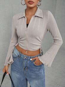 INAWLY Zipper Front Drawstring Shortened T-Shirt With Side Cutout - Khaki - View 1