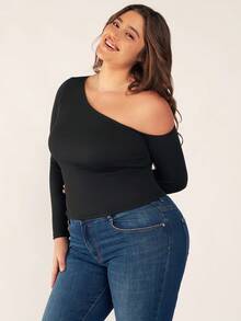 SHEIN BASICS Kích thước lớn Không đối xứng Đường viền cổ áo Thon gọn Áo thun - màu đen - Xem 5