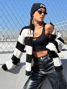 SHEIN EZwear 女士扭轉條紋圖案針織衫 - 黑與白 - 查看 3