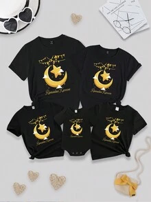 Women's Casual Gold Moon & Star Pattern Printed Short Sleeve T-Shirt - Black - View 3