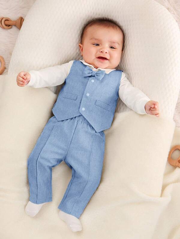 SHEIN Newborn Baby Boys' Lightweight 3-Piece Set Including Bowtie Bodysuit, Vest And Pants