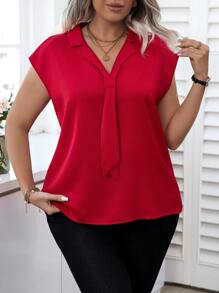Elenzga 大码女式蝙蝠袖衬衫配仿领带，适合新年服装 - 紅色 - 查看 1