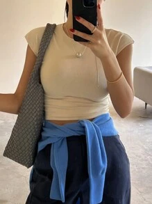 DAZY 女士短款修身打底 T 恤 夏季 - 杏色 - 查看 7