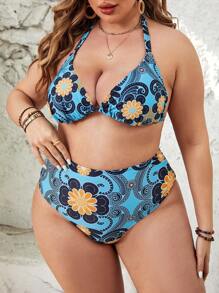 SHEIN Swim Curve Bikini De Damă Dimensiuni Plus Cu Imprime Floral Gât Halter Cu Cravată Talie Carnaval Vară - Multicolor - Vizualizare 4