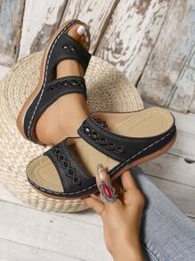 Women's Hollow Out Design Diamond Pattern Fashionable, Casual, Comfortable, Travel, Beach Wedge Heel, Thick Sole Sandals