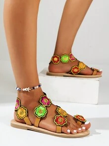 2024年夏季新款海灘花卉波西米亞風格腳趾環平底涼鞋,女性大尺碼 - 彩色 - 查看 2