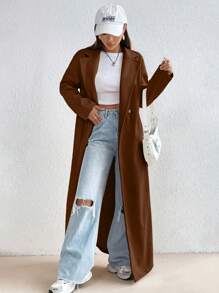 SHEIN Unity Solid Color Turn-Down Collar Woolen Coat - Brown - View 1