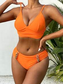 SHEIN Swim Summer Women'S Ruffled Chain Decorated Bikini Set - Orange - View 3