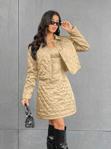 SHEIN Essnce طقم مكون من قطعتين من جاكيت منتفخ بأزرار وفستان كامي - كاكي - مشاهدة 5