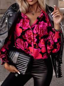 Astylish Rose Floral Print Shirred Cuffs Long Sleeve Shirt - Hot Pink - View 1
