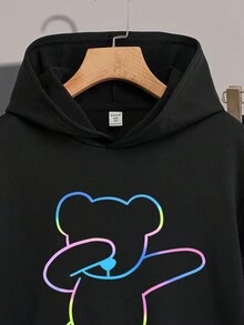 SHEIN 男孩休閒卡通圖案連帽衫慢跑褲套裝,適合秋冬 - 黑色 - 查看 3