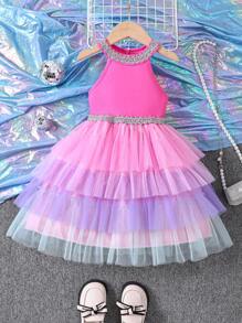 SHEIN Glamorique Kids 年輕女孩編織緞Ribbon拼接漸層網紗拼接裙 - 玫紅色 - 查看 4