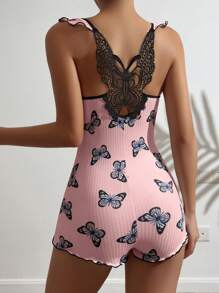 Butterfly Print Women's Pajamas Romper - Pink - View 3