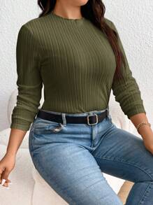 SHEIN Frenchy 大尺碼純色麻花針織t卹 - 軍綠色 - 查看 5