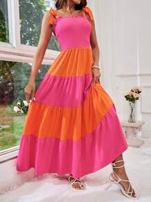 SHEIN VCAY Women's Color-Block Spaghetti Strap Shirred Dress For Summer Holiday And Date Night - Pink - View 5