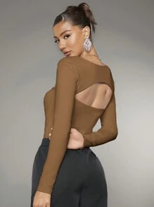 SHEIN BAE Long Sleeve Slim Fit Bodysuit - Brown - View 2