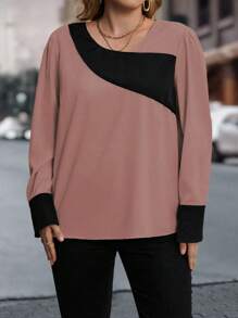 SHEIN Franclia Plus Size Women's Colorblock Long Sleeve Shirt - Dusty Pink - View 3