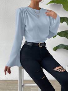 Chiquease 女性鐘形袖荷葉邊襯衫 - 淺藍色 - 查看 5