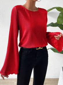 SHEIN Privé Women's Bell Sleeve Pleated Trim T-Shirt - Red - View 5