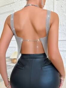 Allurite Women's Sleeveless Tank Top With Rhinestone, Fringe And Chain Detailing - Silver - View 3