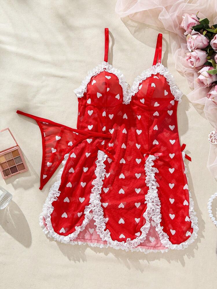 Women's Lace-Trimmed Mesh Sexy Babydoll Lingerie Dress With Heart-Shaped Design