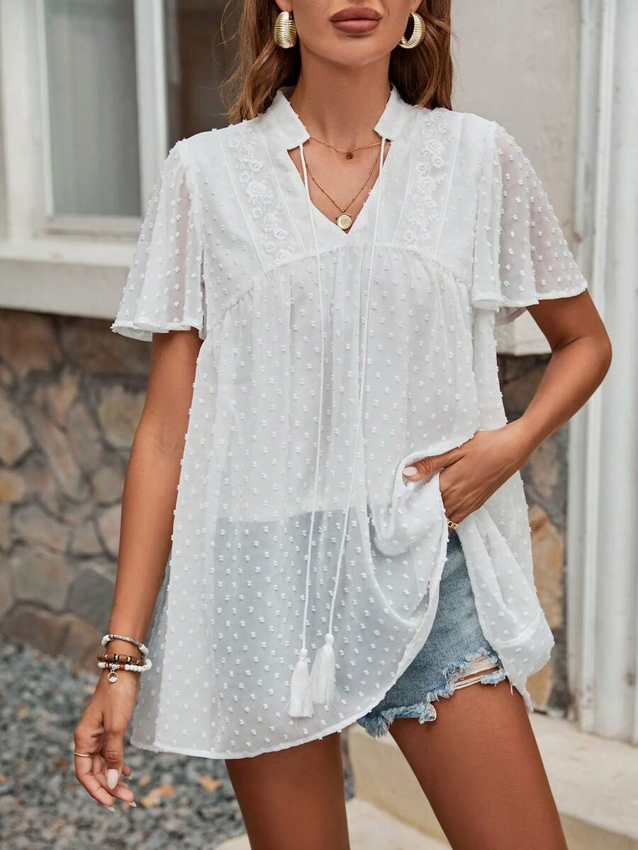 Breezaya Women's Swiss Dots Shirt With Notched Collar - White - View 1