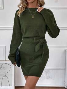 SHEIN LUNE 2入組純色休閒毛衣套裝 - 軍綠色 - 查看 5