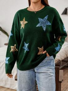 Flirla Women's Plus Size Sequined Star Drop Shoulder Sweater