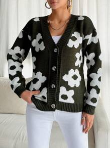 EURMUSE Floral Pattern Button Up Cardigan - Army Green - View 4