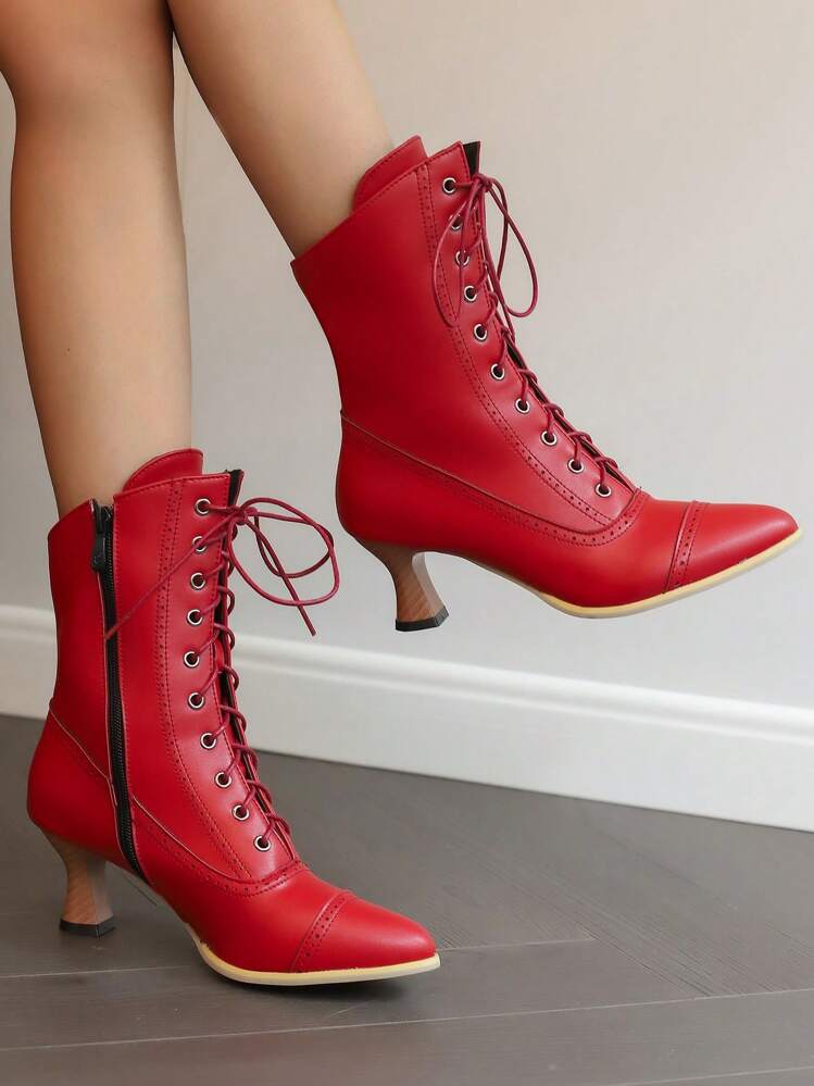 Retro Block Red Shoes With Kitten Heels Lace Up Design For Women s Fashionable Winter Boots SHEIN ASIA