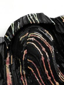 SHEIN Belle Women's Off Shoulder Sequin Patchwork Multi-Layer Mesh Ruffled Cocktail Dress For Party - Black - View 11