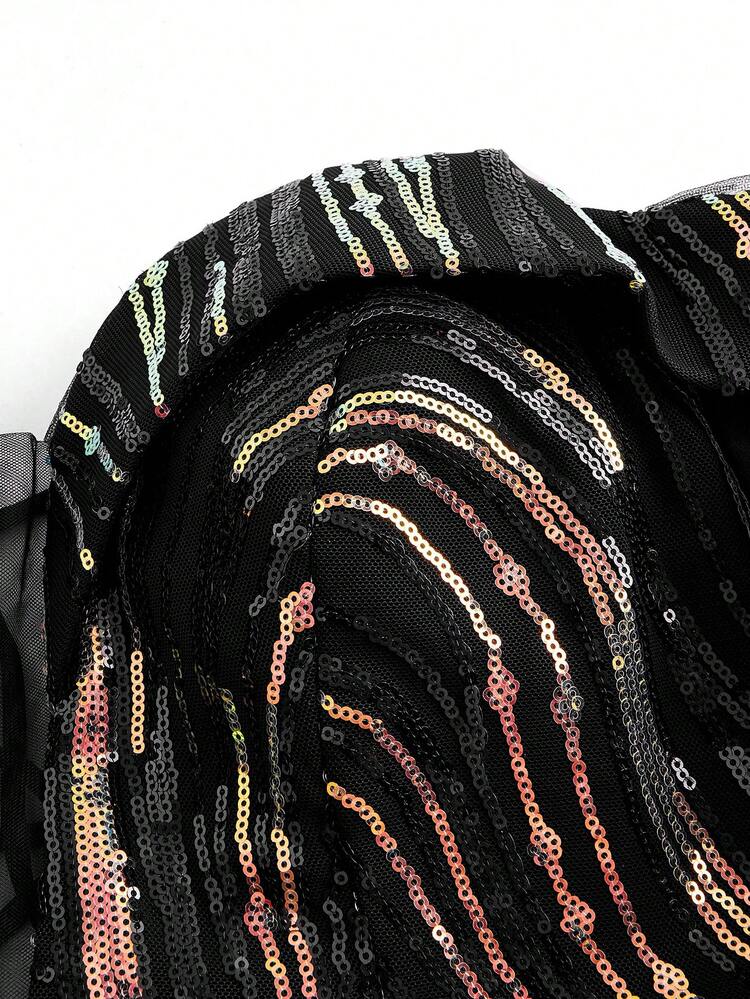 Women's Off Shoulder Sequin Patchwork Multi-Layer Mesh Ruffled Cocktail Dress For Party