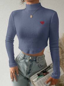 SHEIN Women's Short Crop Top With Embroidered Heart Design And Stand Collar