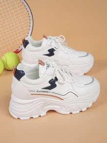 女性時尚舒適透氣運動鞋，帶鞋帶和拼接設計，厚底運動鞋 - 黑色 - 查看 2