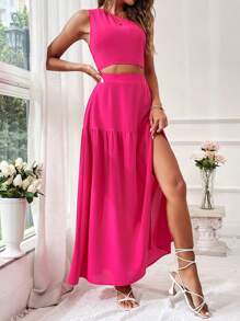 SHEIN VCAY 夏季浪漫情人节女士纯色两件套度假装 - 玫紅色 - 查看 3