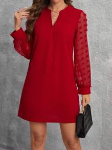 SHEIN LUNE Notched Neck Floral Jacquard Long Sleeve Dress - Red - View 1