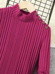 SHEIN 少女日常休閒純色長袖連衣裙,小立領設計 - 玫紅色 - 查看 3