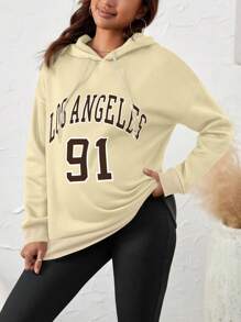 SHEIN 孕妇字母印花落肩抽绳连帽运动衫，适合冬季 - 杏色 - 查看 5