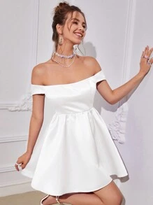 SHEIN Belle Off-Shoulder Flared Hem White Dress - White - View 4