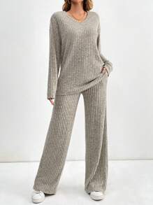 SHEIN Tall Kvinnors Bedrövad Räfflad T-shirts Och Byxor Uppsättningar - Kaki - Visa 5