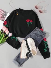 INAWLY 女士玫瑰印花短版圓領運動衫 - 黑色 - 查看 4