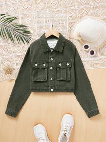 Teen Girls' Cropped Denim Jacket - Army Green - View 4