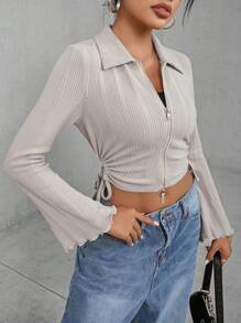 INAWLY Zipper Front Drawstring Shortened T-Shirt With Side Cutout - Khaki - View 5