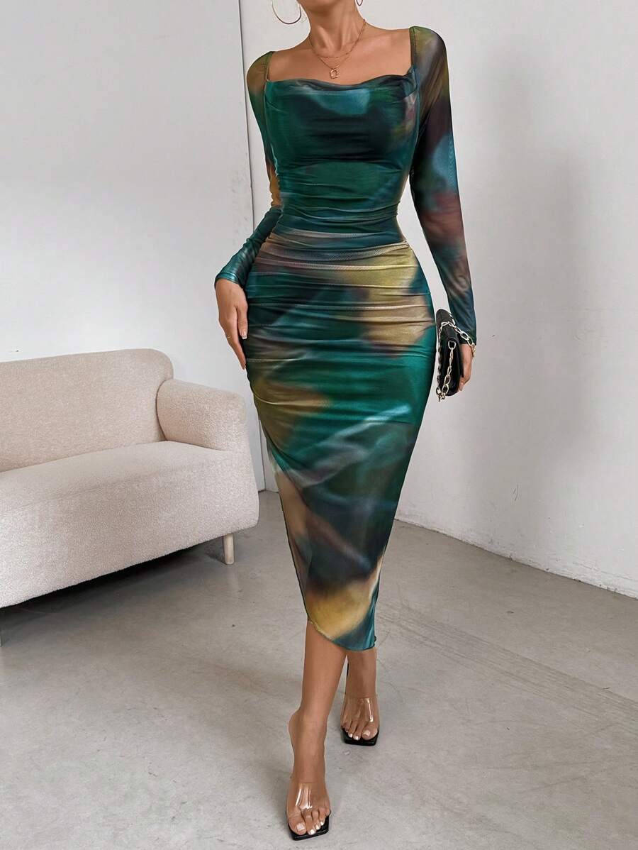 Rafferiza Tie-Dye Draped-Neck Ruched Bodycon Dress Maxi Women Outfit - Multicolor - View 1