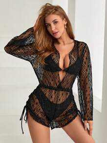 Women'S Hollow Out Cover Up With Drawstring Side Detail - Black - View 4