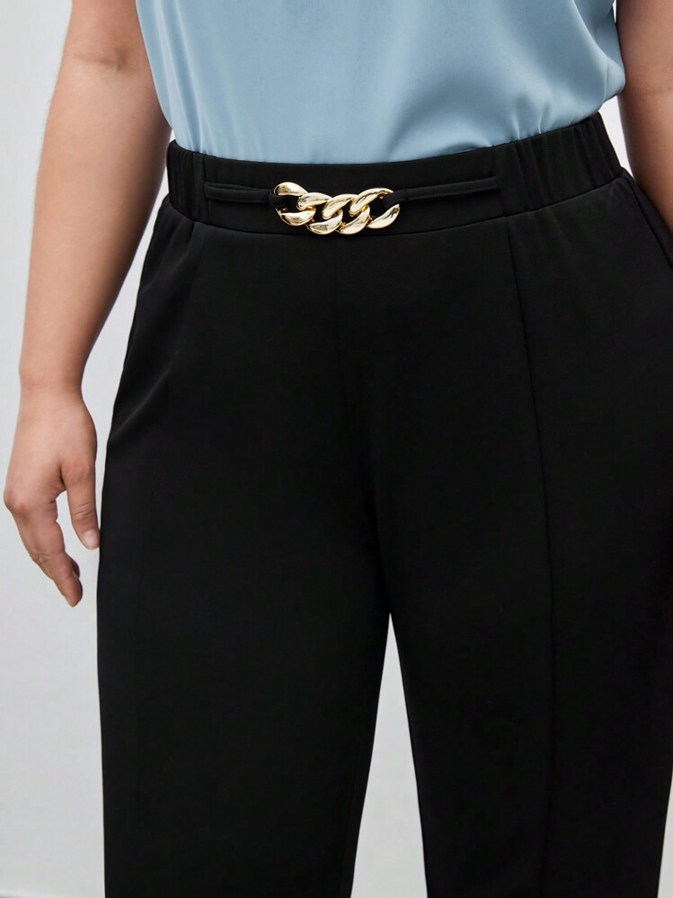 Maija 大码黑色纯色长裤，带链条装饰，适合夏季春季情人节、嘉年华、服装派对、海滩婚礼、度假、休闲、圣帕特里克节、夏季外出、毕业典礼等场合。 - 黑色 - 查看 6